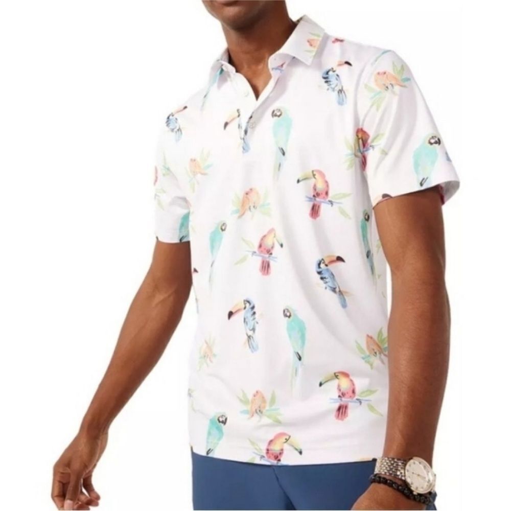 CHUBBIES | Dude Where’s Macaw Men's White Parrot Print Polo Shirt Size X-Large